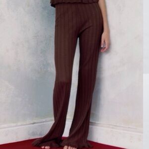 Zara S Brown Sheer Pointelle Knit High Rise Ruffle Hem Flared Trouser Pants NWOT